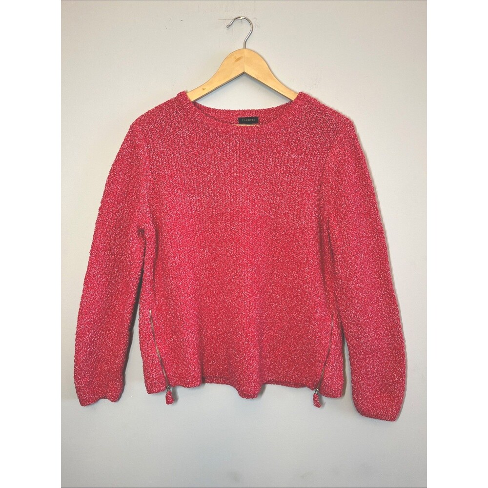 TALBOTS | Hot Pink/White Marled Bouclé Cotton Chunky Knit Sweater Size Large